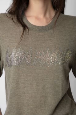 Zadig & Voltaire Ida Mon Amour Diamanté Cashmere Sweater Kaki Clair 9 Zadig & Voltaire Ida Mon Amour Diamanté Cashmere Sweater Kaki Clair -Trendy Threads Deals KWSW01632 KAKI CLAIR 4