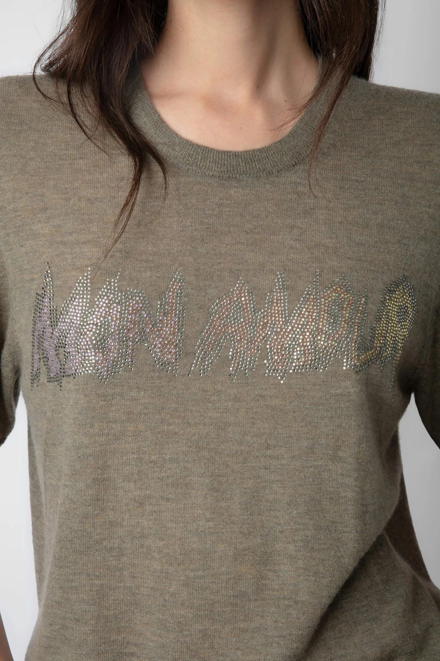 Zadig & Voltaire Ida Mon Amour Diamanté Cashmere Sweater Kaki Clair 5 Zadig & Voltaire Ida Mon Amour Diamanté Cashmere Sweater Kaki Clair - Image 3