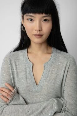 Zadig & Voltaire Riviera Cashmere Sweater Gris Chine Clair -Trendy Threads Deals KWSW01637 GRIS CHINE CLAIR 4