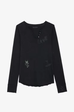 Zadig & Voltaire Diamanté Henley Top Black -Trendy Threads Deals jwtn00434 noir